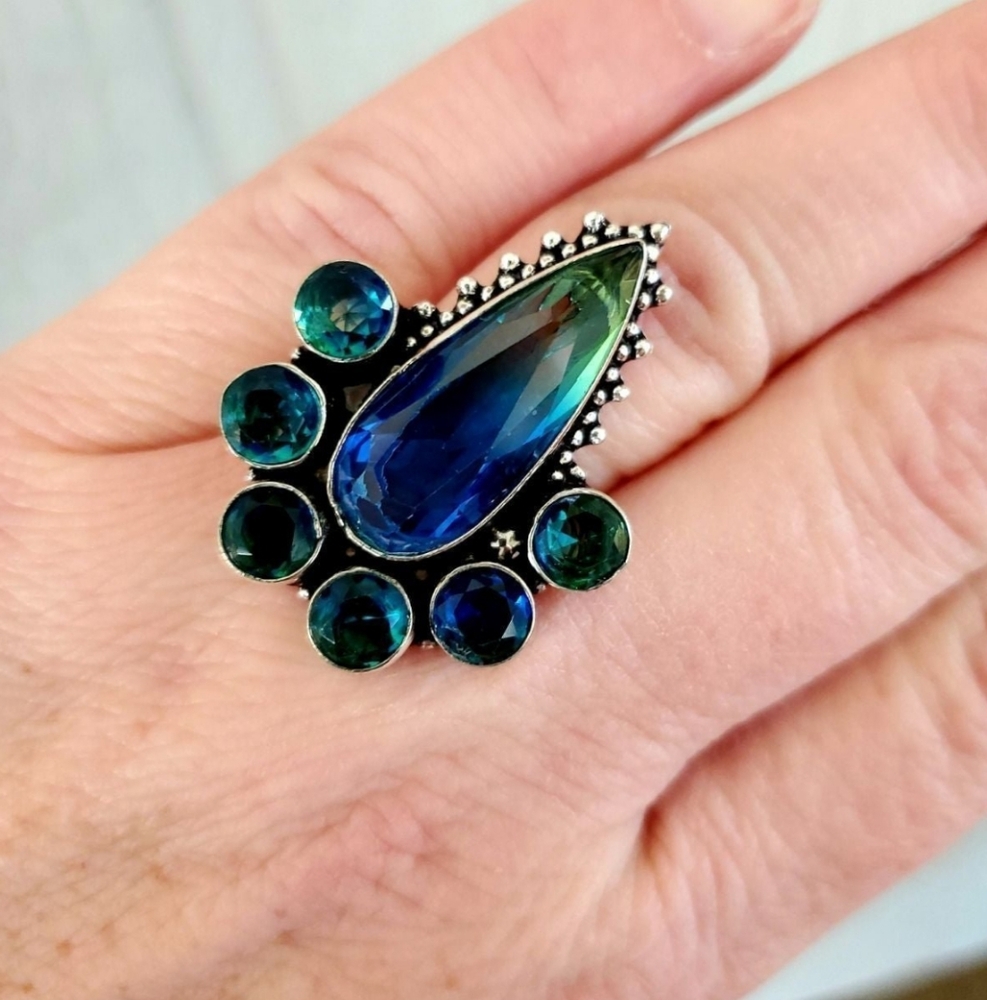 New Bi-Color Tourmaline 925 Silver Statement Ring. 